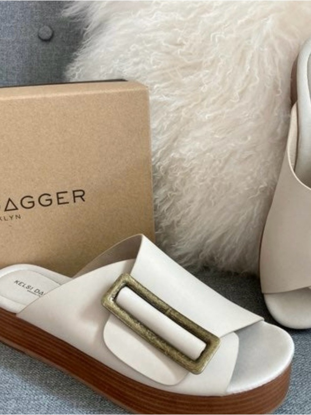 Kelsi Dagger Ivory Leather Platform Slide with Antique Gold Buckle